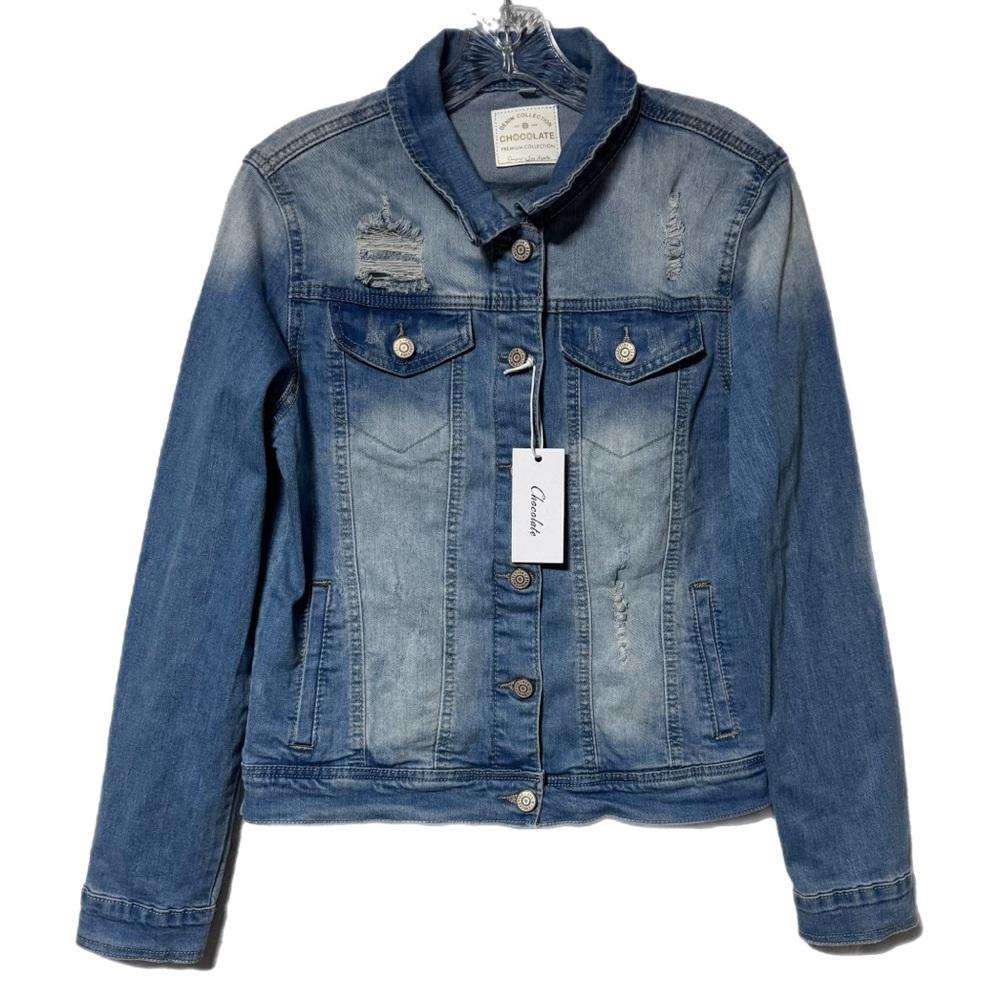 Chocolate Distressed Denim Jean Jacket Stretch Fitted Y2K Trucker NWT